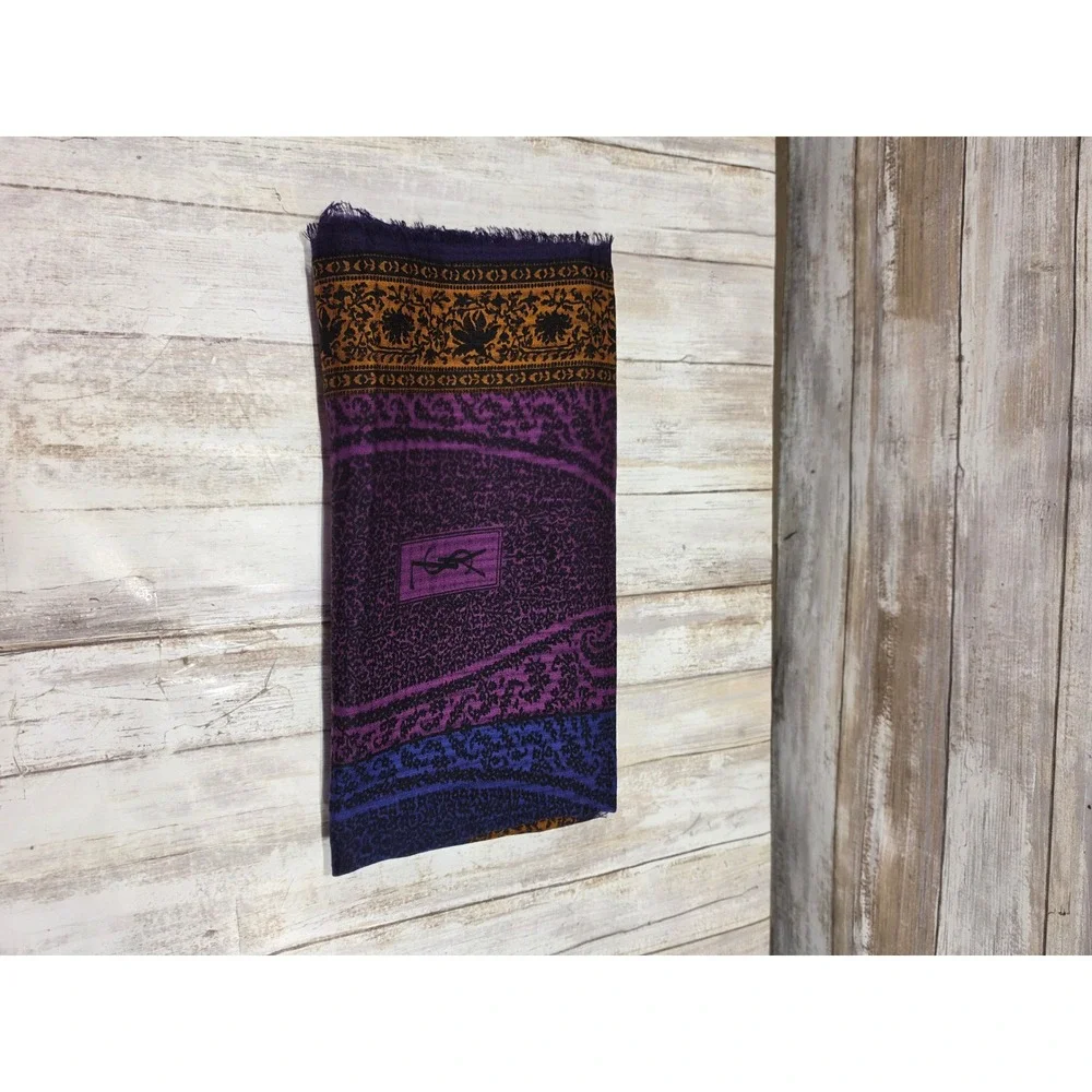Yves Saint Laurent Foulards Scarf Purple Paisley Wool Silk Blend‎ 55x55 Italy